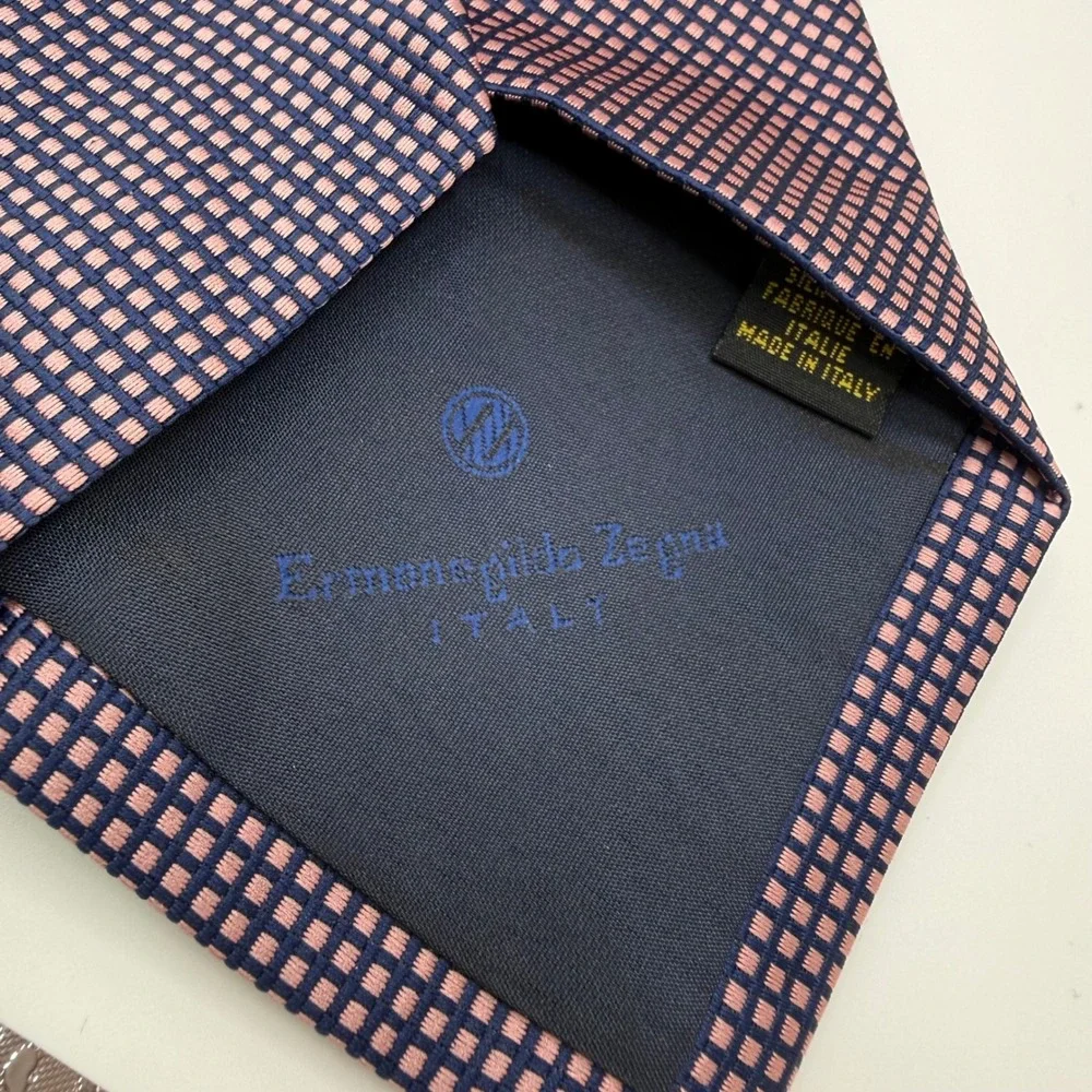 Ermenegildo Zegna Silk Tie Mens OS Navy Pink Geometric Micro Check Italy 59